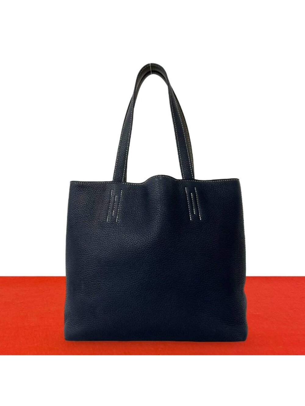Hermes Double Sens 36 Taurillon Clemence Tote Shoulder Bag Bleu Nuit Etain